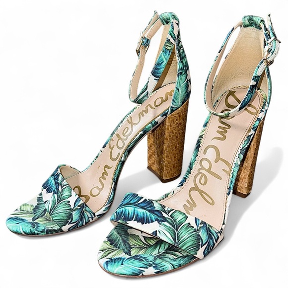 Sam Edelman Yaro Palm Print Block Heel Sandals Women’s 9 Hawaiian Tropical Woven - Picture 1 of 8